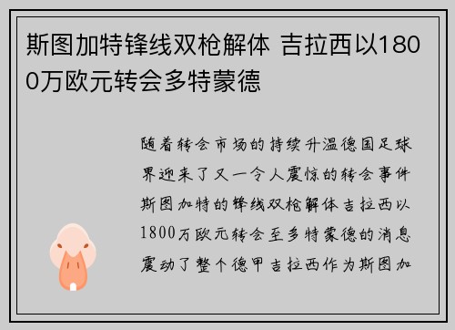 斯图加特锋线双枪解体 吉拉西以1800万欧元转会多特蒙德