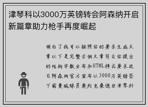 津琴科以3000万英镑转会阿森纳开启新篇章助力枪手再度崛起